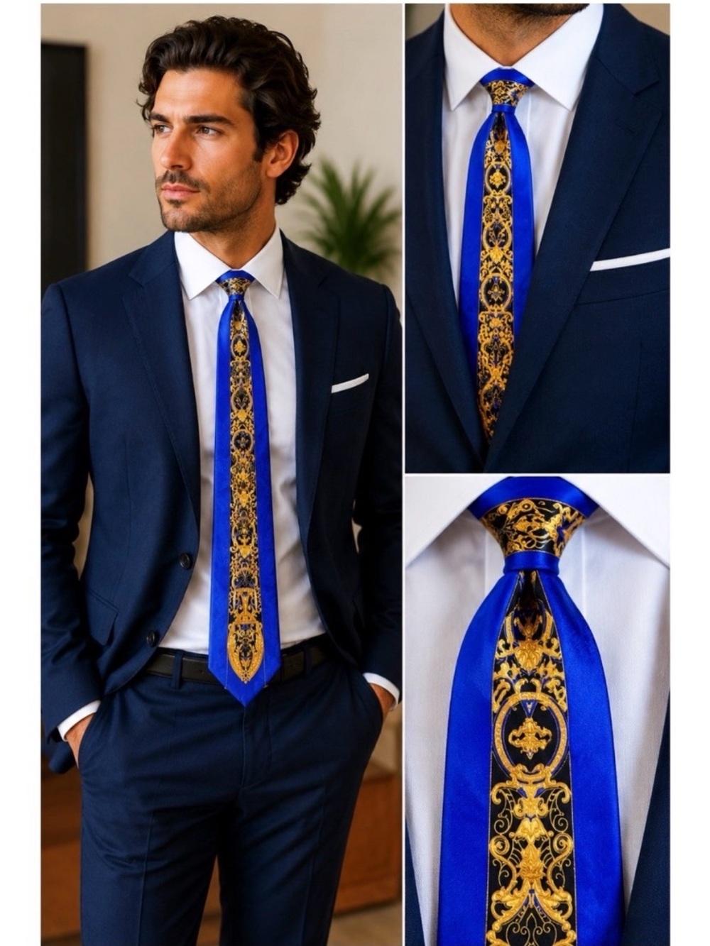 BACHRACH Royal Blue Printed Silk Made In Italy Tie